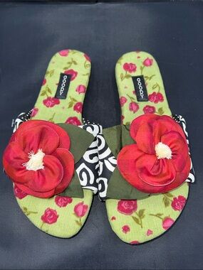Goody Green Slide Sandals with Red Floral Accent